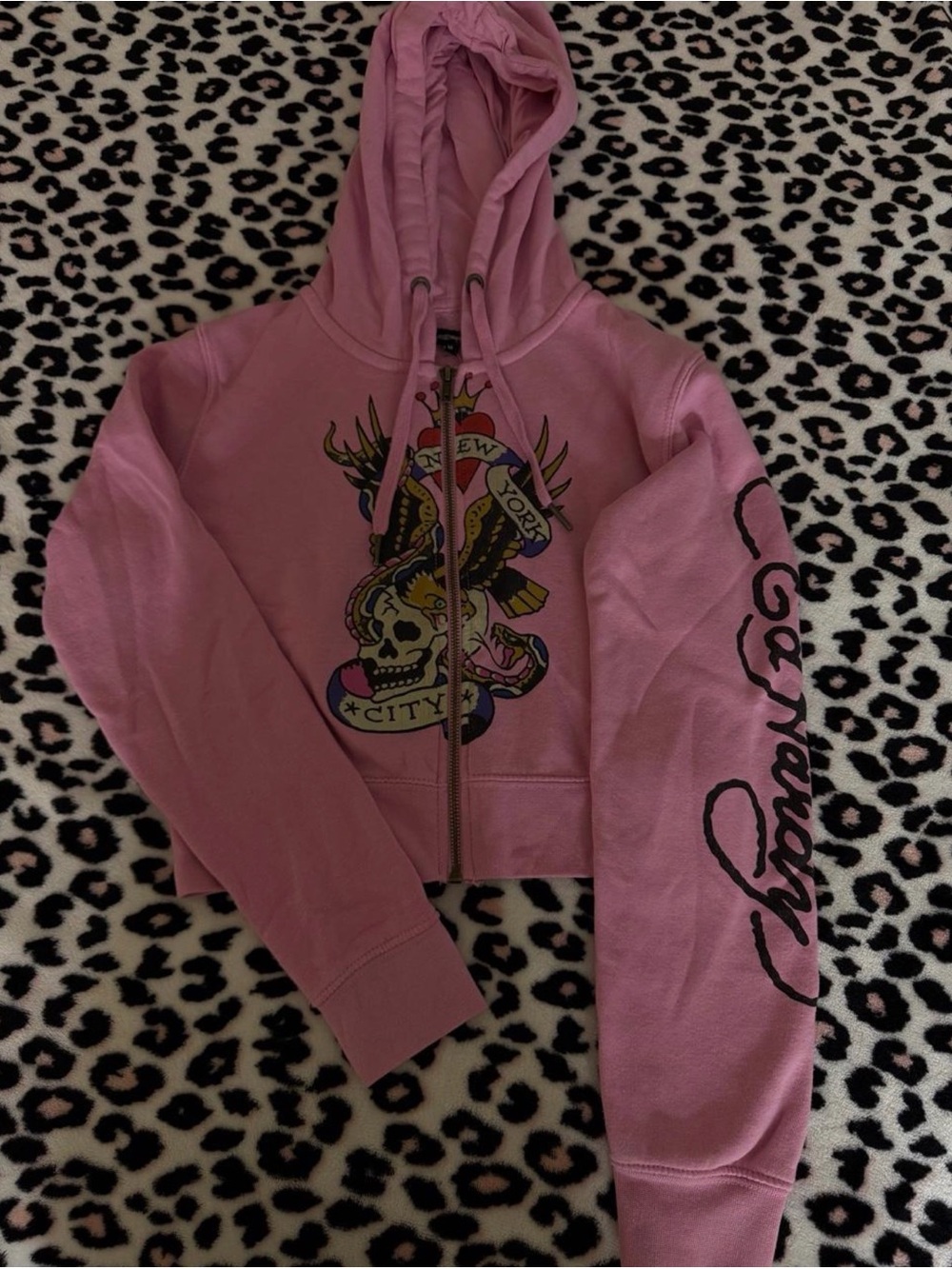 Ed Hardy Pink Graphic Zip-Up Hoodie Vest